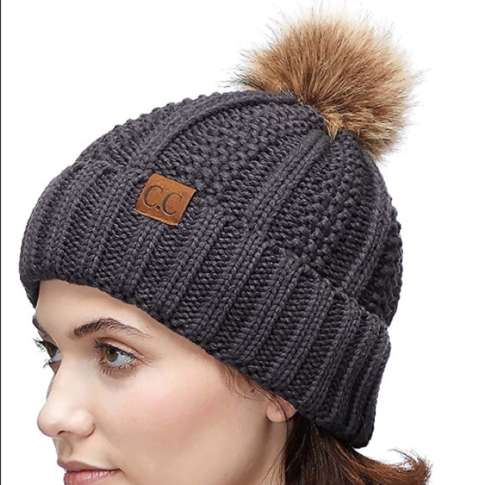 C.C Thick Fuzzy Beanies lining faux fur Pom Pom